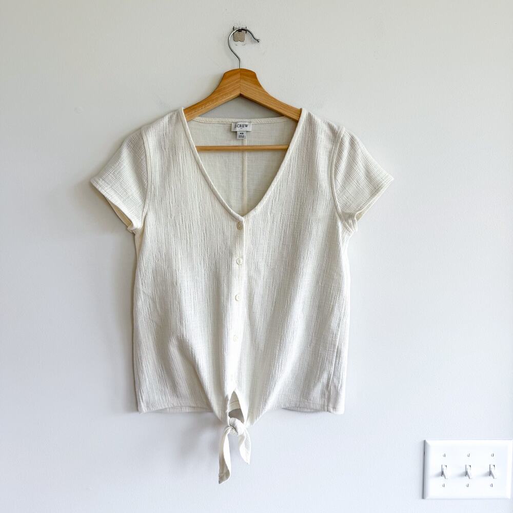 J. Crew Textured Button-Down Tie Front V-Neck Short Sleeve Blouse Cream XS